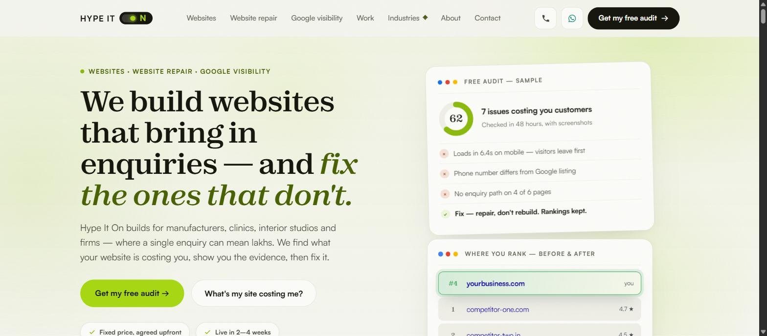 Hype It On homepage with the free audit sample